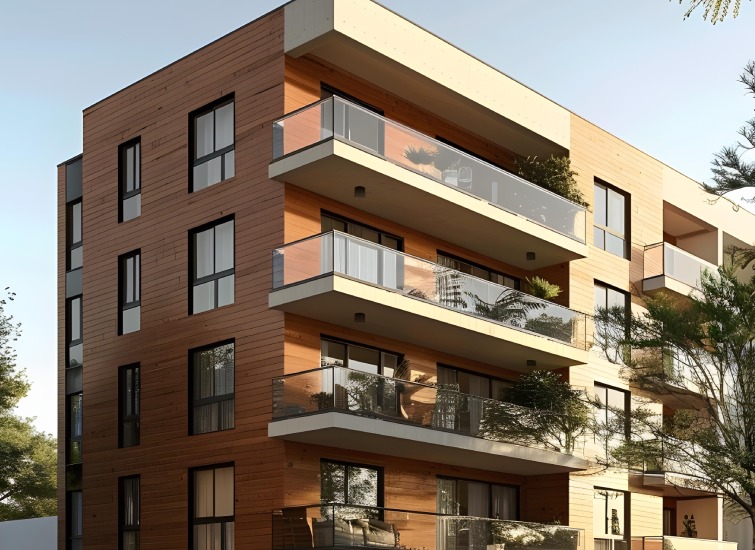 A modern multi-story apartment building with wooden cladding, glass balconies, and potted plants on several floors. Trees are in the foreground.