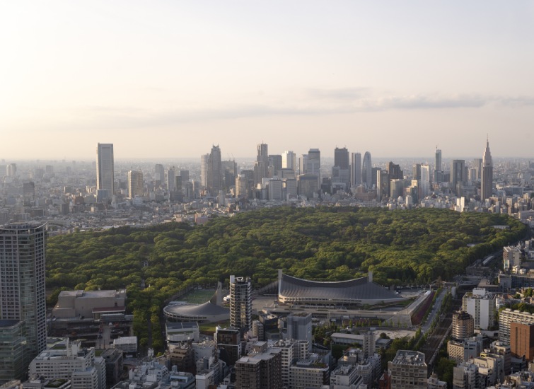 Aerial view of a cityscape featuring a large green park in the center, surrounded by numerous high-rise buildings under a partly cloudy sky.