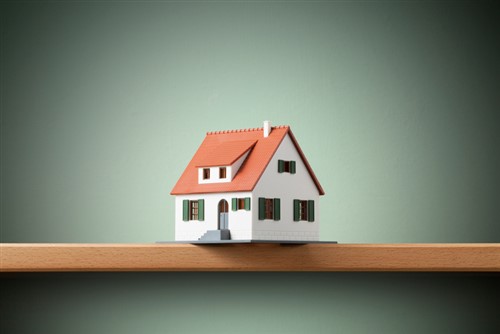 A small house sitting on top of a wooden shelf.