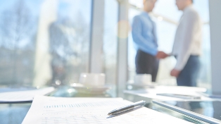 Two businessmen shake hands in front of a window.