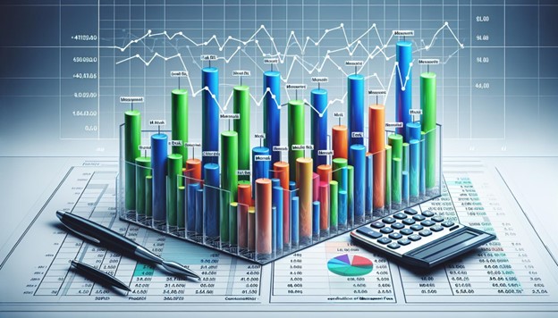 Business graphs and charts on a table with a pen and calculator.