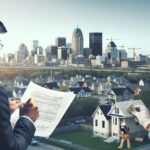 A couple of men signing papers in front of a city.