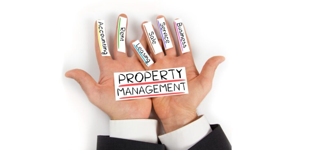 A person's hand with labeled fingers symbolizing the various aspects of property management.