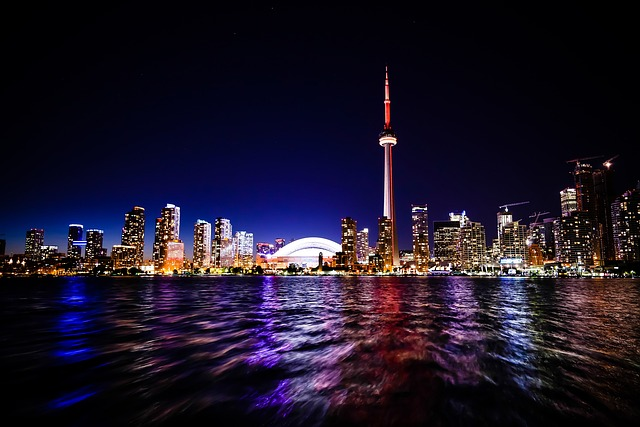 Toronto skyline at night with the cn tower in the background.